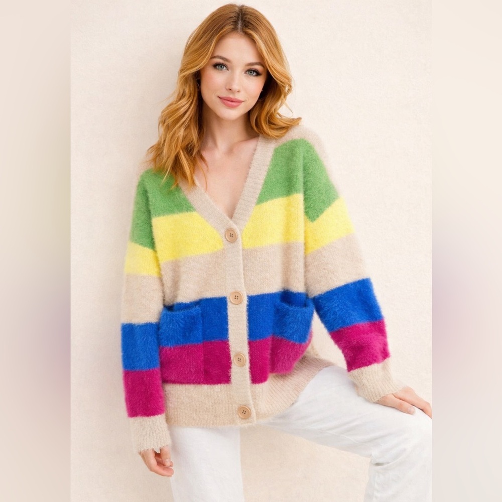 Moon River‎ Fuzzy Rainbow Stripe Cardigan Sweater Small Cozy Retro Colorblock